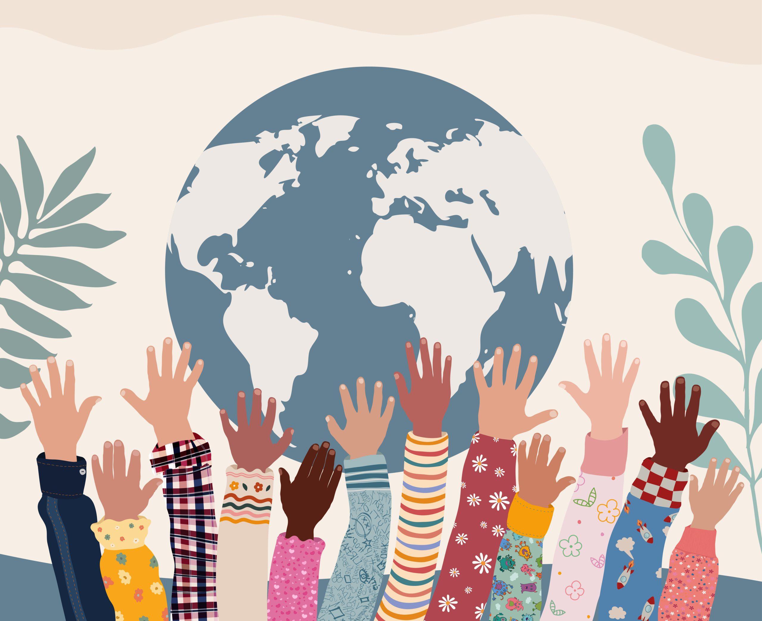 Raised hands and arms of children of different culture. Hands up of multi-ethnic and multicultural children. Concept of world peace, tolerance, brotherhood and friendship. Concept of ecological and clean environment. Save planet concept. Unity between various ethnic groups
